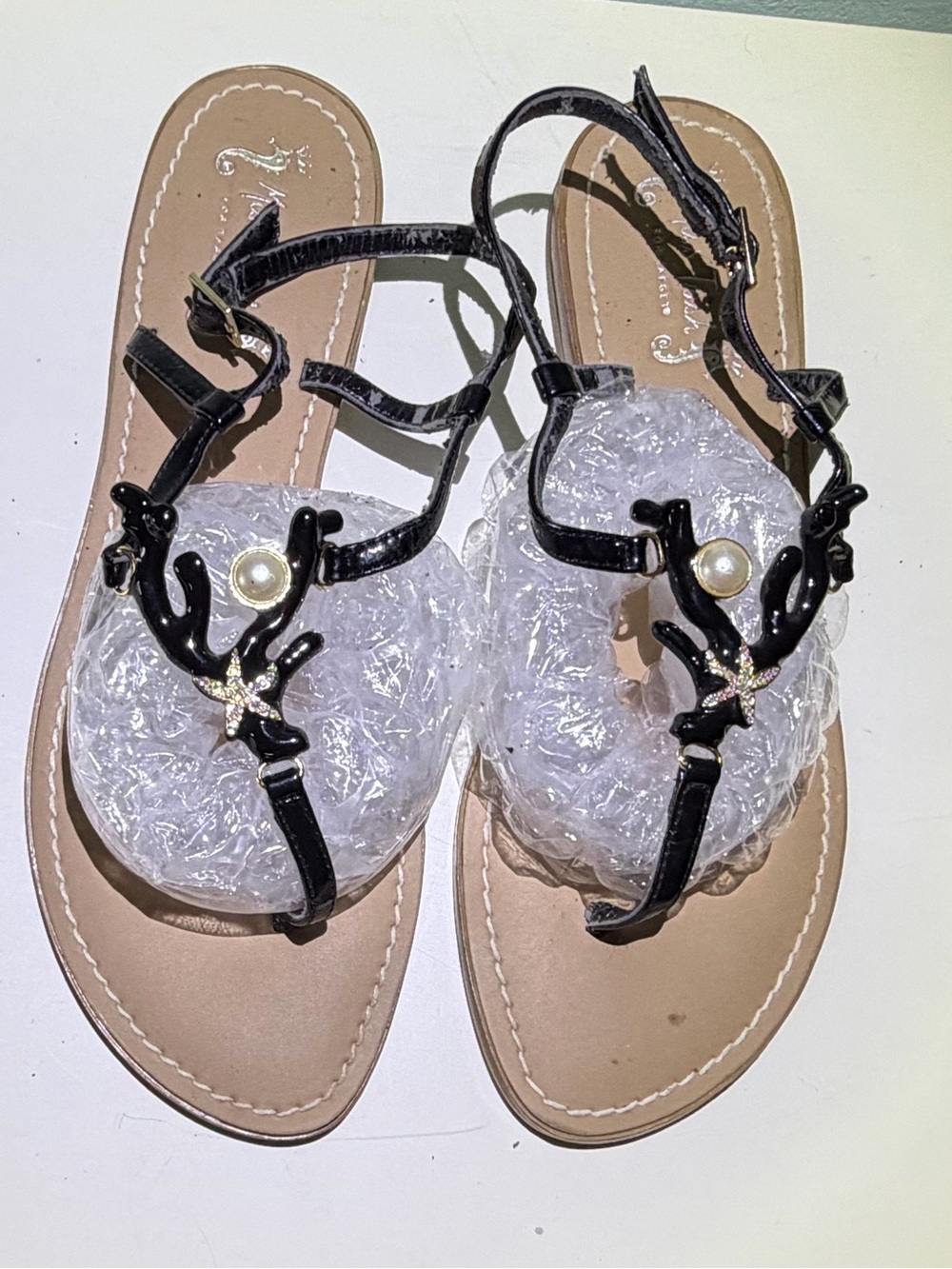 Black Coral Motif With Pearl Accent & Rhinestone Starfish T-Strap Sandals. 10